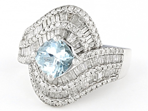Aquamarine And White Diamond 14k White Gold Center Design Ring 2.96ctw