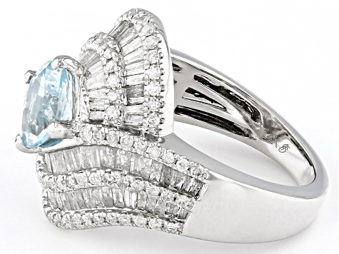 Aquamarine And White Diamond 14k White Gold Center Design Ring 2.96ctw