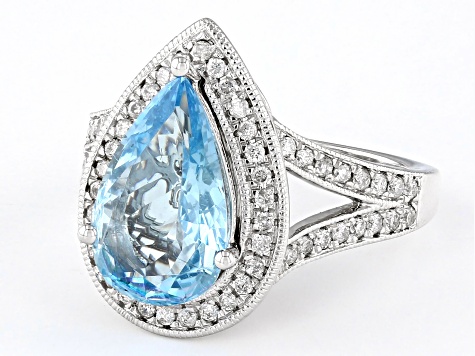 Aquamarine And Round White Diamond 14k White Gold Halo Ring 3.25ctw