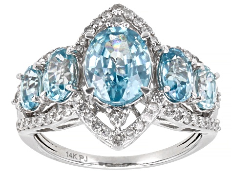 Blue Zircon And White Diamond 14k White Gold Center Design Ring 5.22ctw