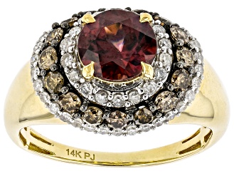 Red Zircon With Champagne And White Diamond 14k Yellow Gold Center Design Ring 3.05ctw