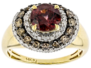 Red Zircon With Champagne And White Diamond 14k Yellow Gold Center Design Ring 3.05ctw