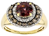 Red Zircon With Champagne And White Diamond 14k Yellow Gold Center Design Ring 3.05ctw