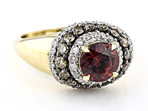 Red Zircon With Champagne And White Diamond 14k Yellow Gold Center Design Ring 3.05ctw