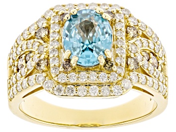 Picture of Blue Zircon With Champagne And White Diamond 14k Yellow Gold Halo Ring 3.07ctw