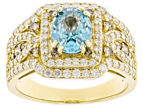 Blue Zircon With Champagne And White Diamond 14k Yellow Gold Halo Ring 3.07ctw