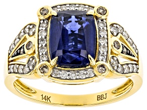 Blue Kyanite With White And Champagne Diamond 14k Yellow Gold Center Design Ring 2.70ctw