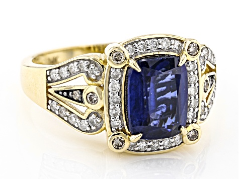 Blue Kyanite With White And Champagne Diamond 14k Yellow Gold Center Design Ring 2.70ctw
