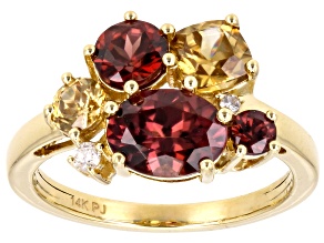 Red And Yellow Zircon With White Diamond 14k Yellow Gold Cluster Ring 4.53ctw