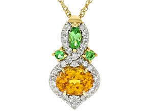 Spessartite And Tsavorite Garnet With White Diamond 14k Yellow Gold Pendant And Chain 1.51ctw