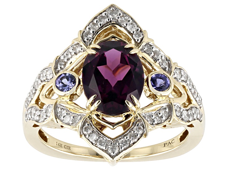Rhodolite And Tanzanite With White Diamond 14k Yellow Gold Ring 2.29ctw