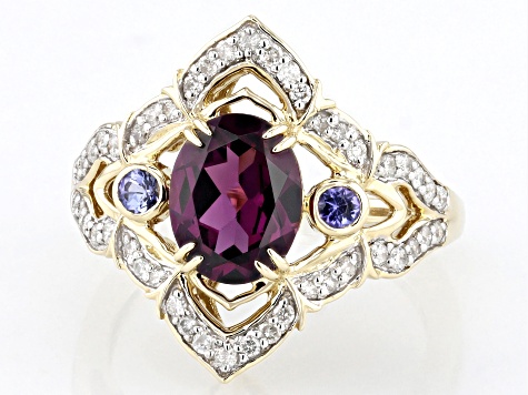 Rhodolite And Tanzanite With White Diamond 14k Yellow Gold Ring 2.29ctw