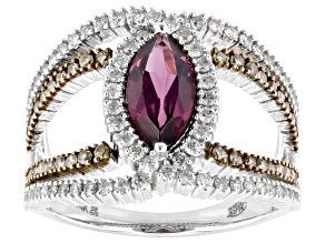 Rhodolite With Champagne And White Diamond 14k White Gold Open Design Ring 2.23ctw.