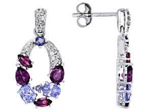 Rhodolite And Tanzanite With Iolite and White Diamond 14k White Gold Pendant Earrings 2.27ctw