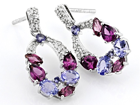 Rhodolite And Tanzanite With Iolite and White Diamond 14k White Gold Pendant Earrings 2.27ctw