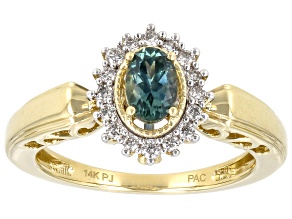 Blue Montana Sapphire and White Diamond 14k Yellow Gold Halo Ring .69ctw.