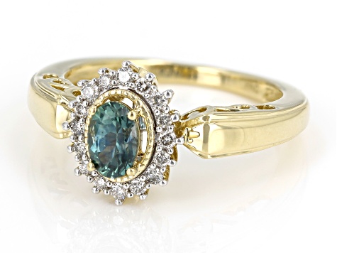 Blue Montana Sapphire and White Diamond 14k Yellow Gold Halo Ring .69ctw.