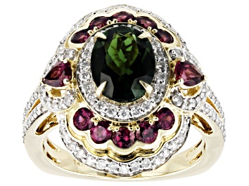 Picture of Green Tourmaline And Rhodolite With White Diamond 14k Yellow Gold Cocktail Ring 3.44ctw.