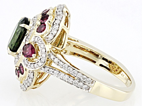 Green Tourmaline And Rhodolite With White Diamond 14k Yellow Gold Cocktail Ring 3.44ctw.