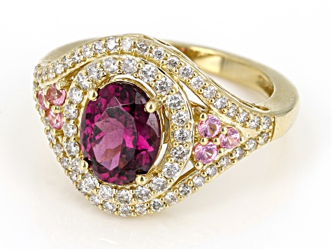 Rhodolite And Pink Spinel With White Diamond 14k Yellow Gold Halo Ring 2.45ctw.