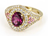 Rhodolite And Pink Spinel With White Diamond 14k Yellow Gold Halo Ring 2.45ctw.
