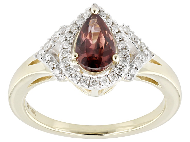 Red Zircon With White Diamond 14k Yellow Gold Center Design