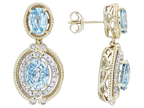 Blue Zircon With White Diamond 14k Yellow Gold Earrings 6.80ctw