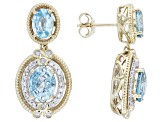 Blue Zircon With White Diamond 14k Yellow Gold Earrings 6.80ctw