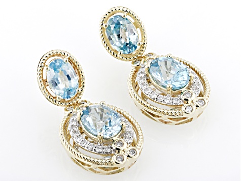 Blue Zircon With White Diamond 14k Yellow Gold Earrings 6.80ctw