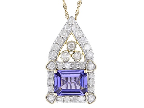 Tanzanite And White Diamond 14k Yellow Gold Center Design Pendant with Chain 3.09ctw