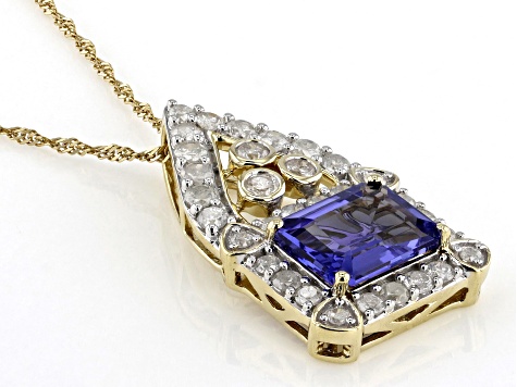 Tanzanite And White Diamond 14k Yellow Gold Center Design Pendant with Chain 3.09ctw