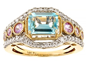 Blue Zircon With Pink Sapphire And White Diamond 14k Yellow Gold Ring 3.10ctw