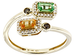 Tsavorite And Mandarin Garnet With Champagne And White Diamond 14k Yellow Gold Ring .82ctw