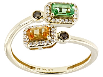 Picture of Tsavorite And Mandarin Garnet With Champagne And White Diamond 14k Yellow Gold Ring .82ctw