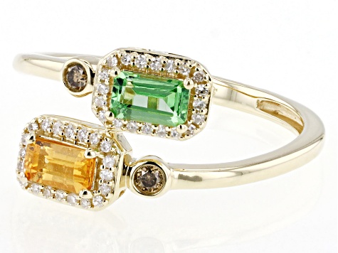 Tsavorite And Mandarin Garnet With Champagne And White Diamond 14k Yellow Gold Ring .82ctw