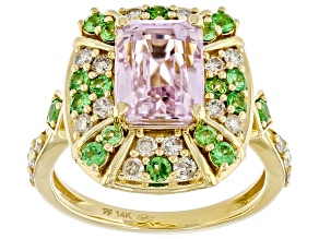 Kunzite With Tsavorite And White Diamond 14k Yellow Gold Cocktail Ring 3.76tw