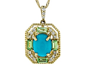 Turquoise With Tsavorite And White Diamond 14k Yellow Gold Pendant And Chain 0.70ctw