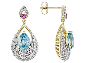 Blue Zircon With Pink Spinel And White Diamond 14k Yellow Gold Earrings 4.09ctw