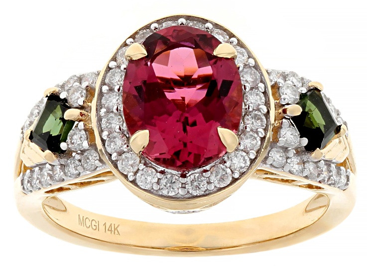 Pink And Green Tourmaline With White Diamond 14k Yellow Gold Halo Ring 2.34ctw