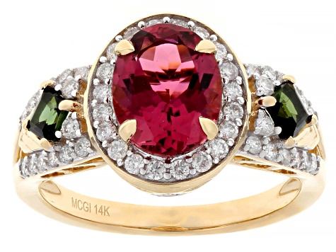 Pink And Green Tourmaline With White Diamond 14k Yellow Gold Halo Ring 2.34ctw