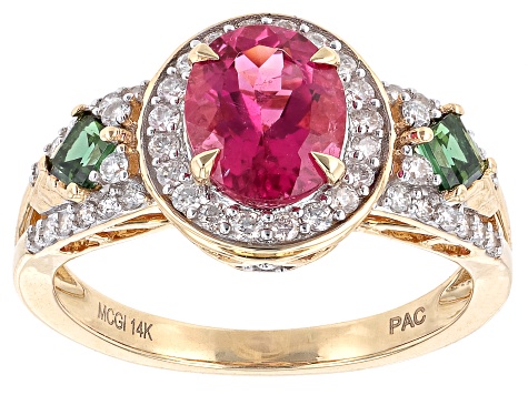 Pink And Green Tourmaline With White Diamond 14k Yellow Gold Halo Ring 2.34ctw