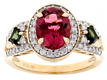 Picture of Pink And Green Tourmaline With White Diamond 14k Yellow Gold Halo Ring 2.34ctw
