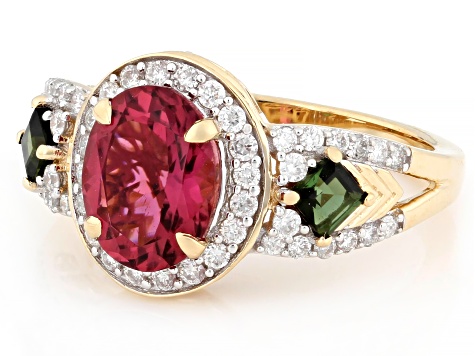 Pink And Green Tourmaline With White Diamond 14k Yellow Gold Halo Ring 2.34ctw
