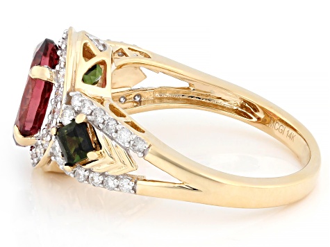 Pink And Green Tourmaline With White Diamond 14k Yellow Gold Halo Ring 2.34ctw