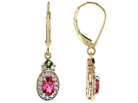 Pink And Green Tourmaline With White Diamond 14k Yellow Gold Dangle Earrings 1.27ctw