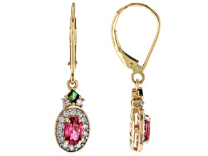 Pink And Green Tourmaline With White Diamond 14k Yellow Gold Dangle Earrings 1.27ctw