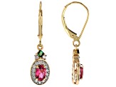 Pink And Green Tourmaline With White Diamond 14k Yellow Gold Dangle Earrings 1.27ctw