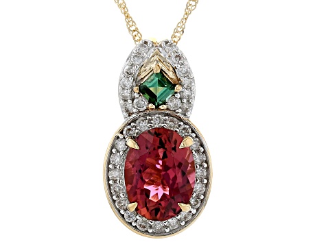 Pink And Green Tourmaline With White Diamond 14k Yellow Gold Slide Pendant With Chain 2.09ctw