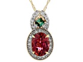 Pink And Green Tourmaline With White Diamond 14k Yellow Gold Slide Pendant With Chain 2.09ctw