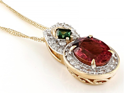 Pink And Green Tourmaline With White Diamond 14k Yellow Gold Slide Pendant With Chain 2.09ctw